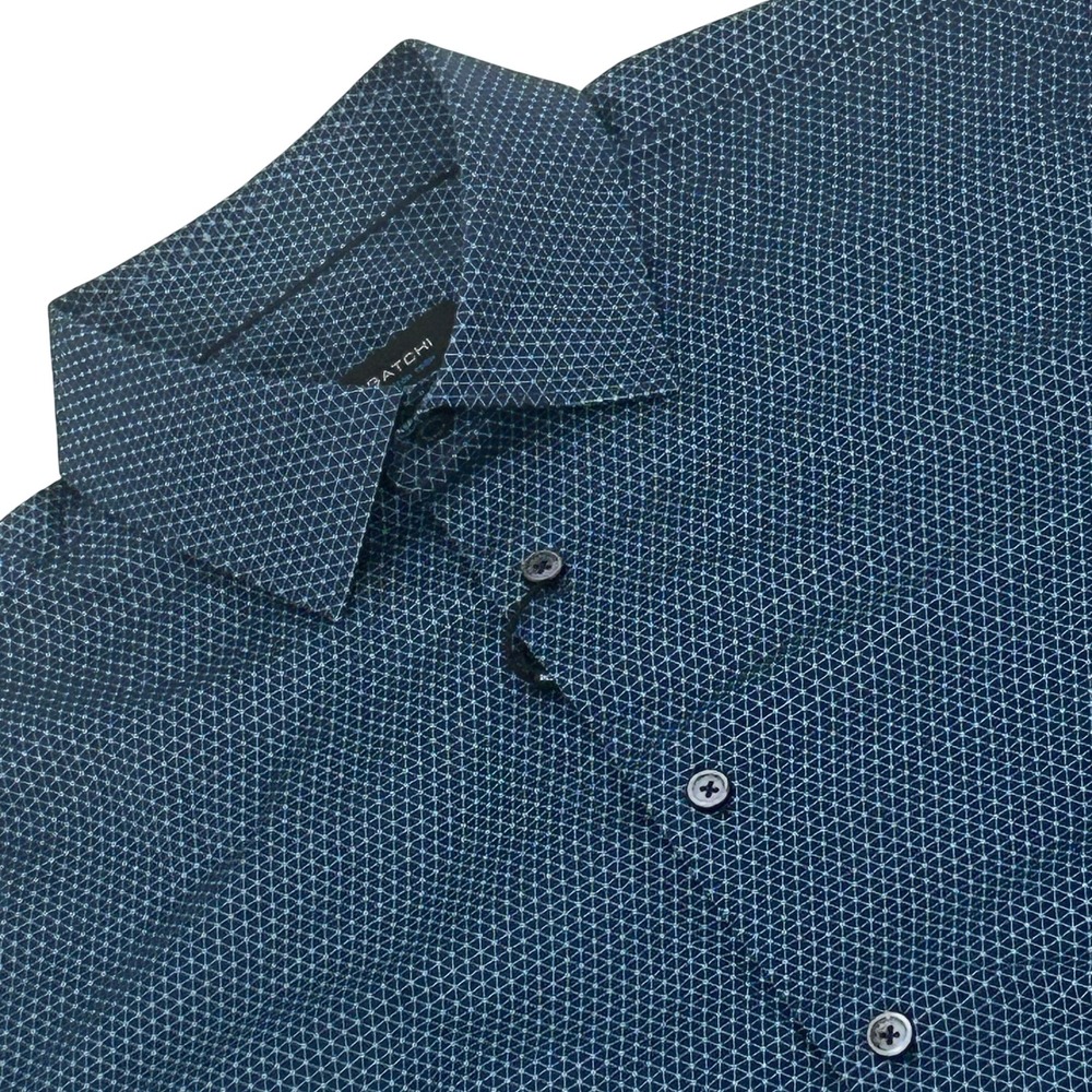 Bugatchi OoohCotton Tech Shirt Mens L Blue Geometric 8-Way Stretch Long Sleeve